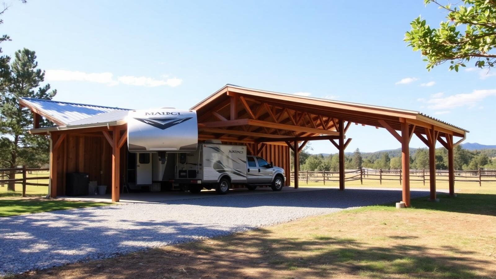 Timber carport with metal roof sheltering an RV and pickup truck on a rural property