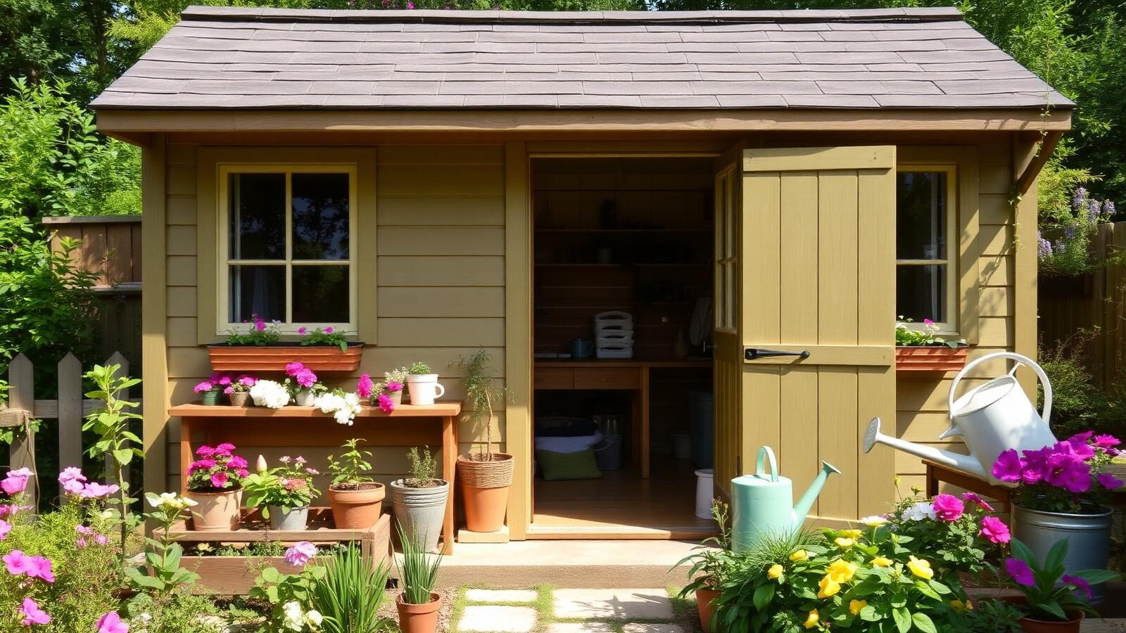 Garden shed and potting studio with windows, potting bench and flower beds