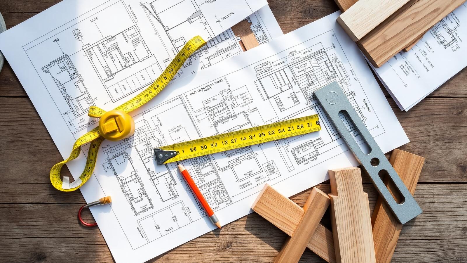 Shed plans, tape measure, framing square and lumber samples on a workbench